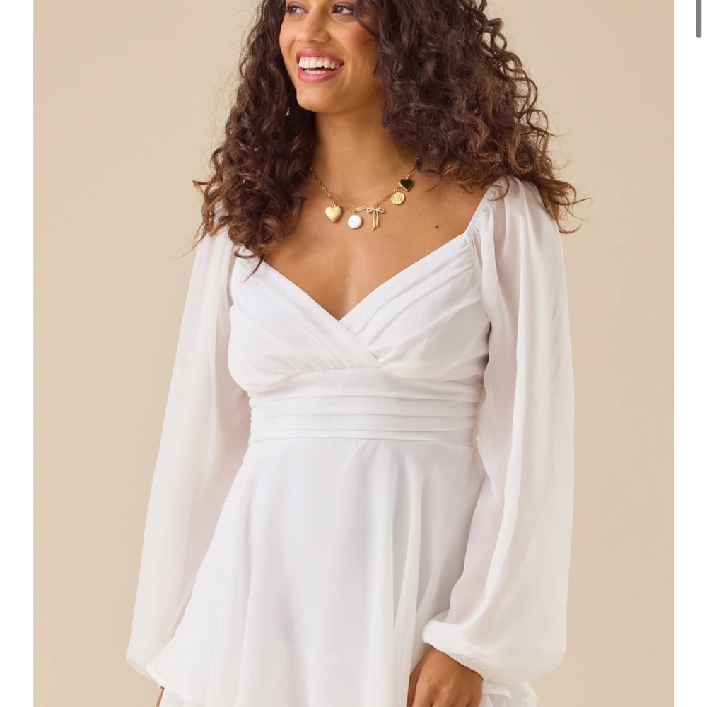 Altar'd State White Ruched Wrap Dress with Bishop Sleeves